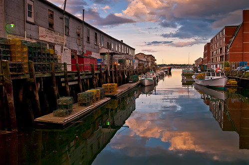 blue sunset sky brick clouds portland landscape boats harbor fishing maine lobster quaint traps reflectionlovers