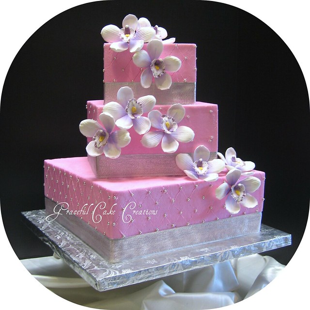 Pink and Silver Tropical Wedding Cake