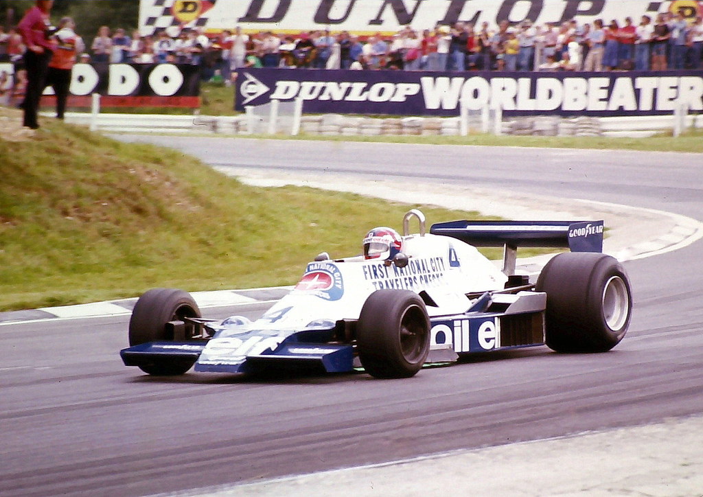 Patrick Depailler - ELF Team Tyrrell 008 - exits Druids Bend during the 1978 British Grand Prix, Brands Hatch