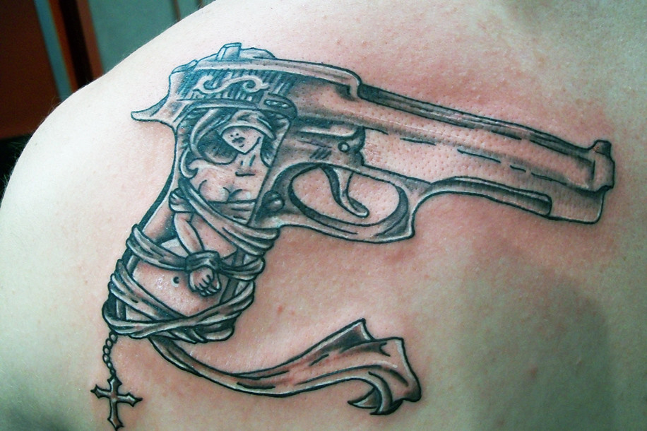 black, london, tattoo, ouch, religious, grey, beads, back, gangster, gun, c...