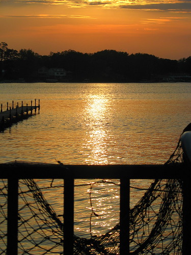 sunset orange lake net water golden pier peaceful