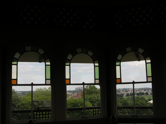 Looking through the stained glass in the pagoda in Patterson Park, Baltimore, Maryland