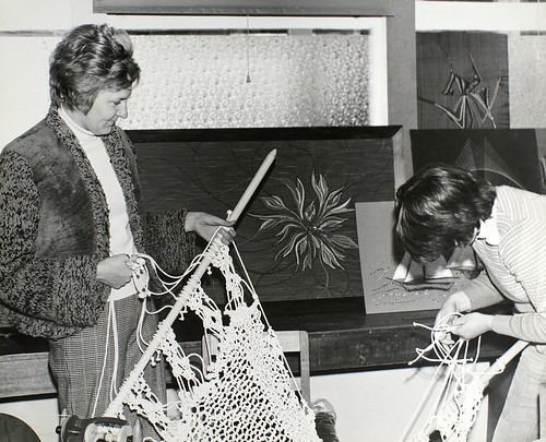 Fashion students with crocheted curtains 1975?