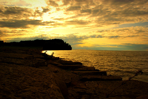 trees sunset sky beach water clouds golden rocks waves horizon greatlakes hamlin