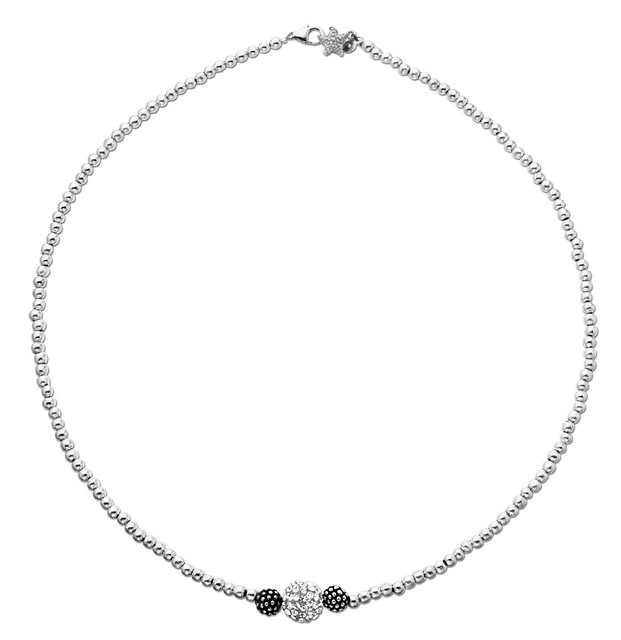 Sterling Silver Oxidized Necklace with Small Bead and 10mm Crystal Pave Ball Mini 16