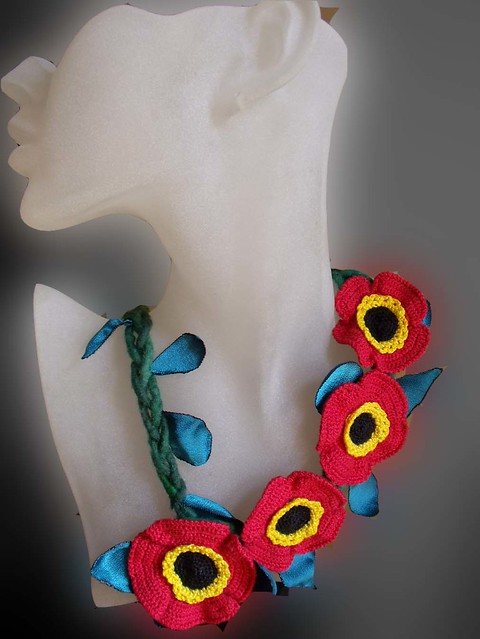 Crochet,felt and fabric necklace