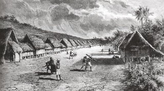 To facilitate religious and cultural conversion, scattered Chamorro populations were concentrated into mission villages, a practice referred to as the reduccion. This sketch, dating to the 19th century, depicts a typical historic period settlement.

Micronesian Area Research Center (MARC)
