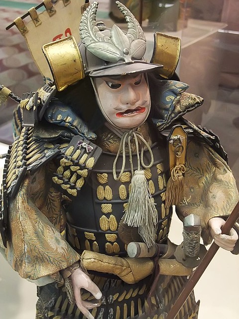 General Kato Magoroku Edo Period Japan 1770 CE terracotta heads and hands brocade fabric and metal armor