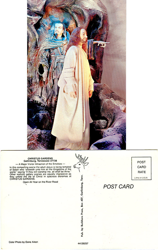 'CHRISTUS GARDENS' Gatlinburg,Tennessee - "Adult Jesus is being tempted of Satan " ..post card  (( 198x )) by tOkKa