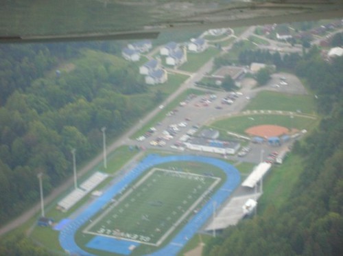 Aerial photo of Football and Softball Field as well as Pioneer Village