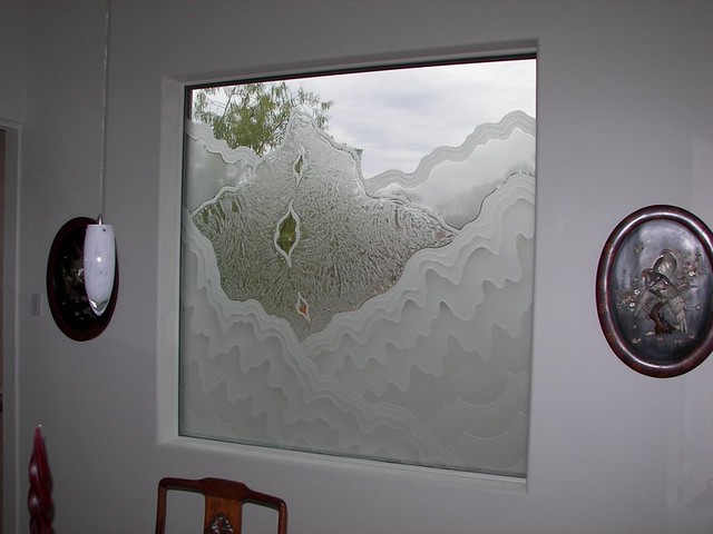etched decorative glass window abstract waves rugged retreat