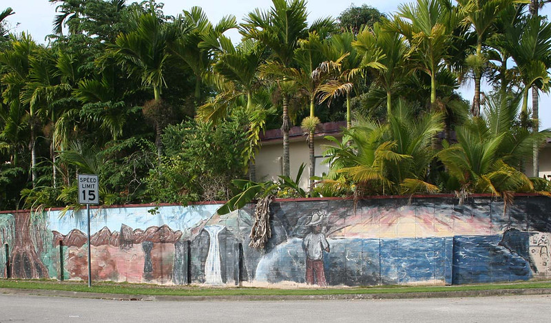 A mural depicting local landscapes adorns a wall in the subdivision of Hyundai, Santa Rita.

Raph Unpingco/Guampedia