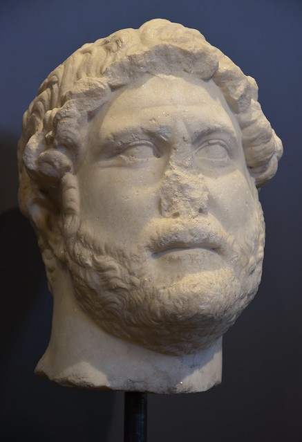 Marble head of Hadrian, from Italy, 128 AD, type: Imperatori 32, Museo Civico, Fossombrone, Italy