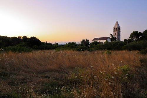 sunset tower church nature field grass skies pasman pašman