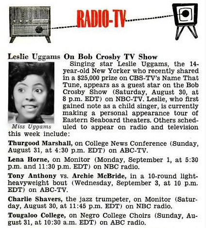 Leslie Uggams To Appear on Bob Crosby TV Show - Jet Magazine, September 4, 1958