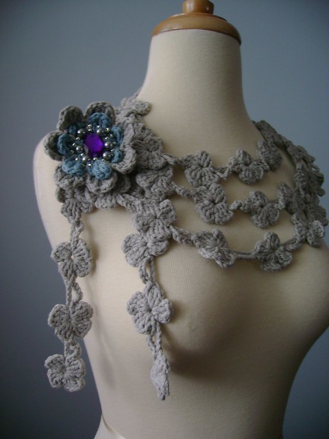 Cotton crochet scarf lariat in shade of Grey Mist Silver with a flower pin embellished with a acrylic Rhinestone and glass beads