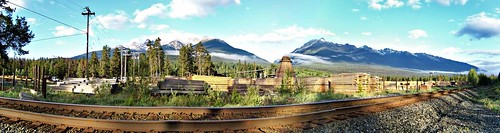 britishcolumbia bc tetejaunecache sawmill industry forestry railway mountain tree 2009 panorama canadiannationalrailway dawn morning cnr canadiannational industrial blue green colour color building canadagood canada 2000s railroad