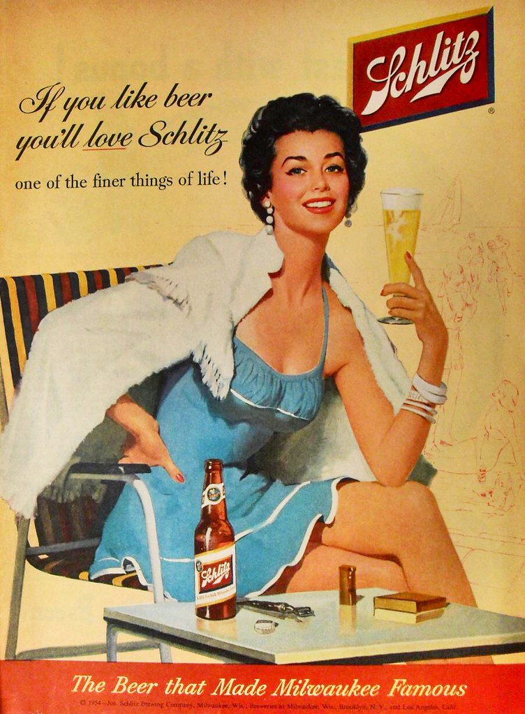 1954 SCHLITZ Beer vintage illustration advertisement woman swimsuit.