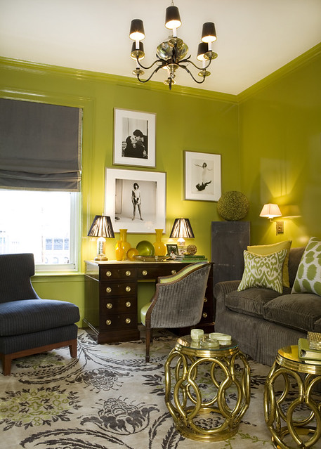 Ideas for small spaces: Bright green + gray + small tables