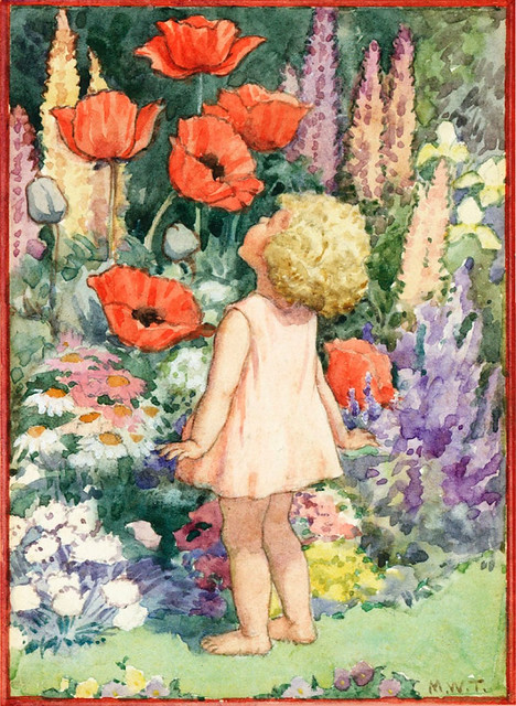 Small girl smelling large red poppies - artwork by Margaret Tarrant