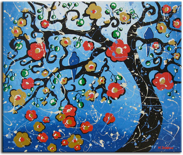 Soulmates - Original Birds Flowers Landscape Tree Painting
