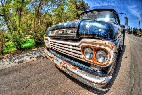 blue ford truck rust antique sony pickup fisheye hdr orangeempirerailwaymuseum a900 sal16f28