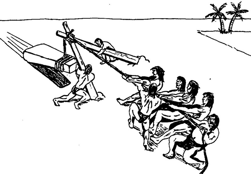A hypothesized means of transporting the haligi from the quarry is the bipod lever. The bipod lever is made of lashing two wooden poles, pointing them away from the latte, and pulling.

Lawrence J. Cunningham/Bess Press, Inc.