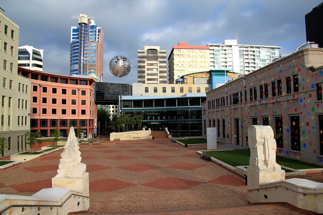 Wellington City Civic Square with City Gallery right and Public Library rear of Square