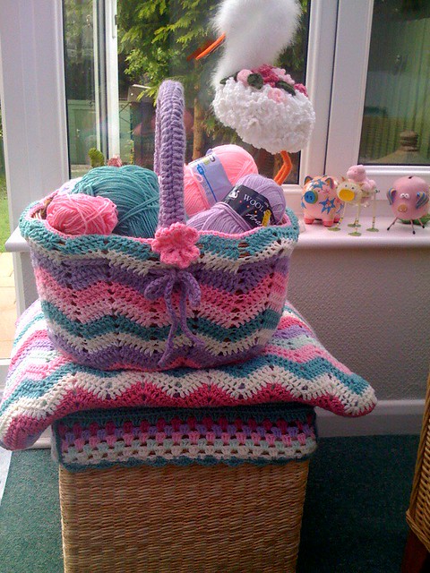 Crocheted Basket Cover, Wool Box and Throw / Conservatory.