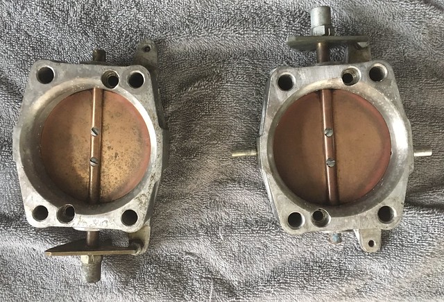 Halfway the cleaning process: big-bore throttle bodies