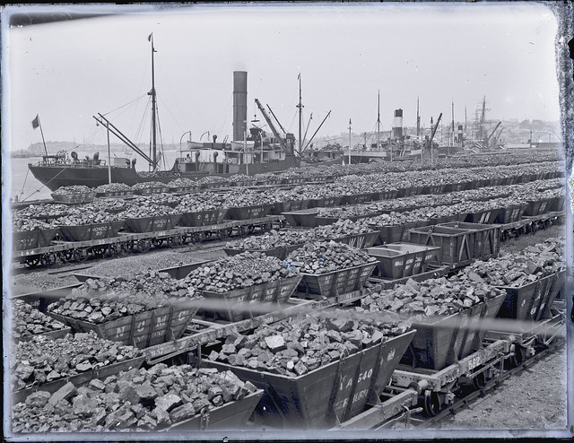 Coal loading at the Dyke with Number 13, 12 and 11 cranes, Newcastle Harbour, Newcastle, NSW, 8 February 1906