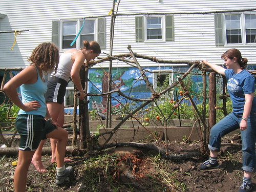 Awakening 2010 participants building garden fence at Pine Lake (Brittany Sherburne, Sarabeth Henderson, Eliza Mohlie)
