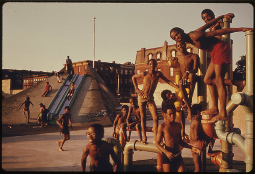 Youngsters on the July 4th Holiday at the Kosciusko Swimming Pool in Brooklyn's Bedford-Stuyvesant District ... 07/1974