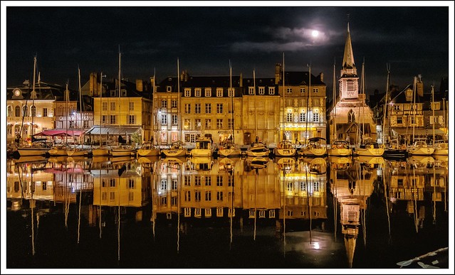 Reflections with moon, Honfleur, France