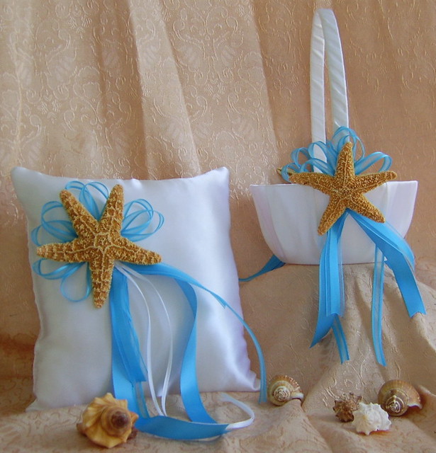 Beach Wedding, Flower Girl Basket and Ring Bearer Pillow Set, Real Starfish