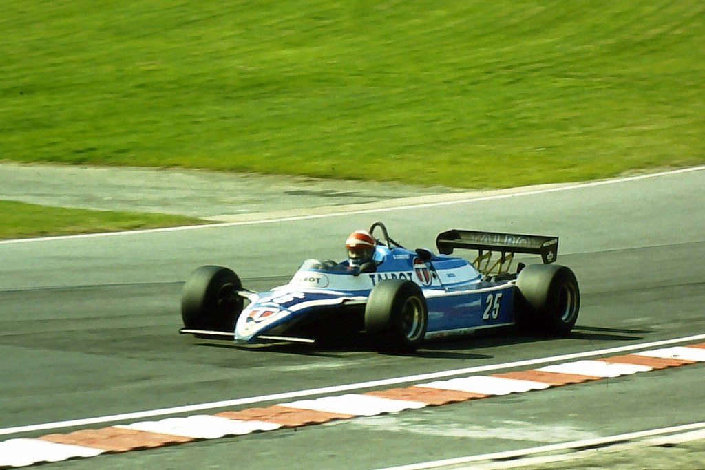 Eddie Cheever - Ligier JS19 climbs up to Druids Bend during practice for the 1982 British Grand Prix, Brands Hatch