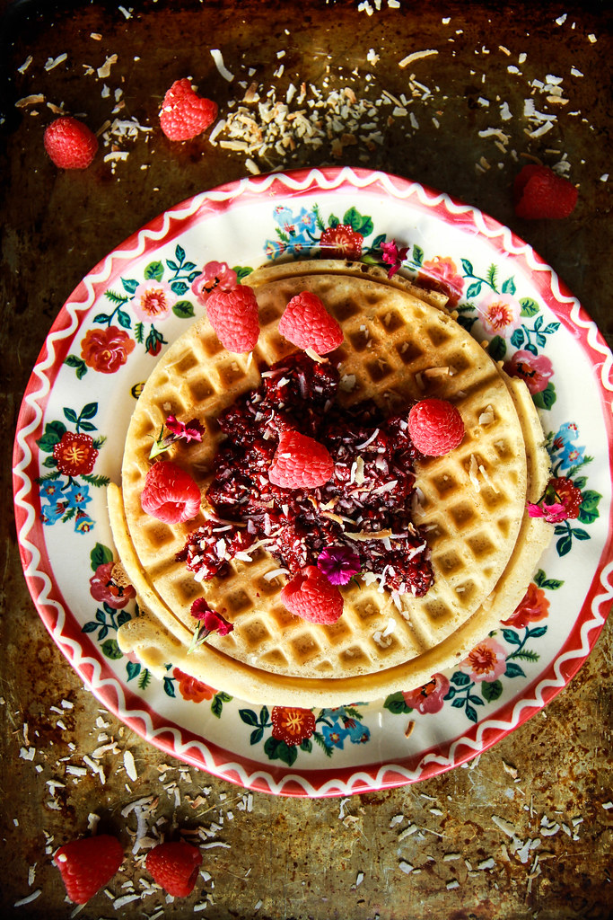 Coconut Waffles with Raspberry Sauce- Vegan and Gluten Free from HeatherChristo.com