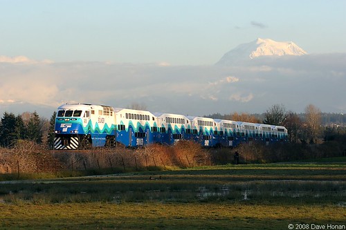 Sounder with Mt. Rainier - Puyallup, WA by DWHonan, Sounder #1505 rushes towards Tacoma at sunset as Mt. Rainier looms above a cloud deck (Puyallup, WA,
