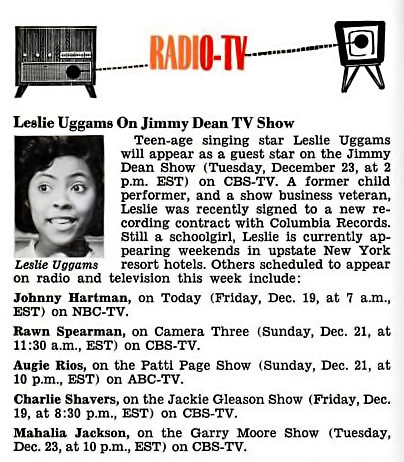 Leslie Uggams on Jimmy Dean TV Show - Jet Magazine, December 25, 1958