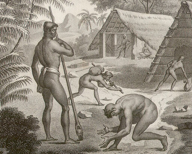 In ancient Chamorro society the matao, high class, were shown respect from the lower class, manachang.  Iillustrated by J.A. Pellion from Freycinet’s Voyage Autour de Monde, Paris, 1824.

J.A. Pellion/Guam Public Library System