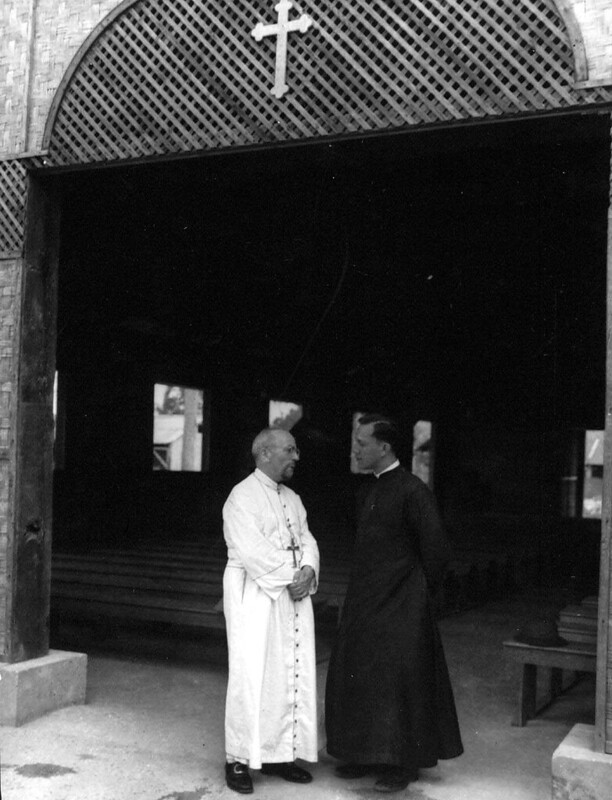 Bishop Miguel Angel Olano and Rev. Oscar Lujan Calvo converse at the Hagåtña Cathedral. The Bishop had ordained Rev. Calvo on April 5, 1941.

Micronesian Area Research Center (MARC)