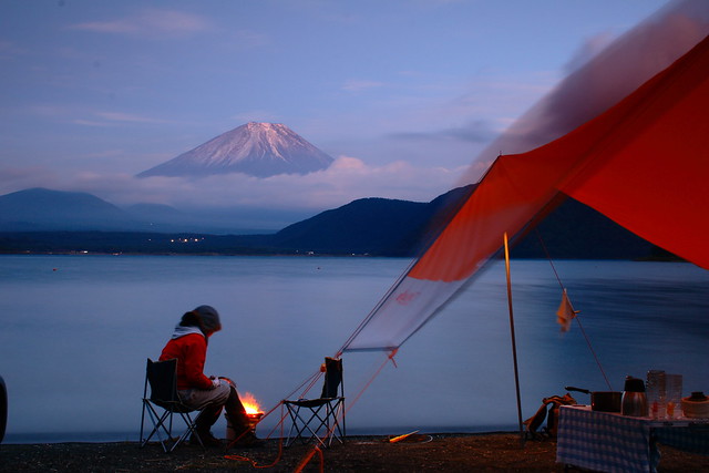 Motosu Lake and Mount Fuji at sunset