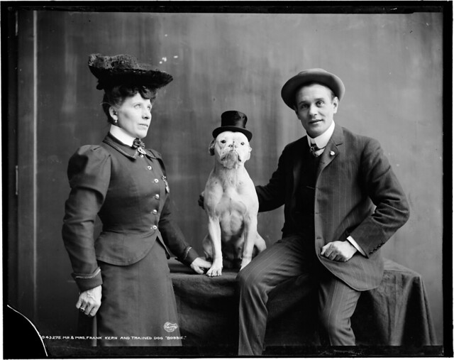 Mr. and Mrs. Frank Kern and their trained dog Bobbie, ca. 1905