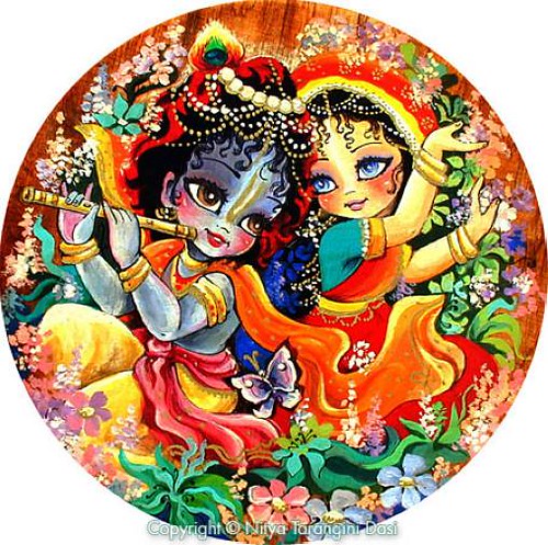 ISKCON desire tree - Young Radha and Krishna dance in the forest as Krishna plays his flute