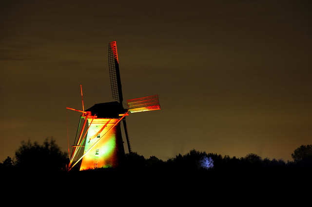 Windmills on Kinderdijk by night