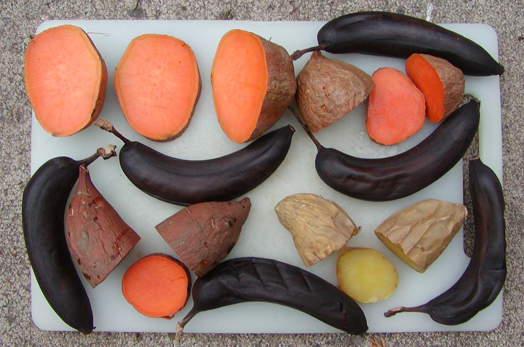 baked yams, sweet potatoes & bananas