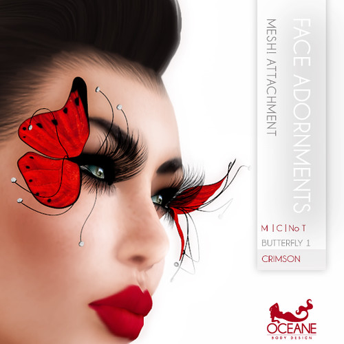 Oceane - Butterflies 1 Face Adornments with Diamonds - Crimson | by Oceane Body Design