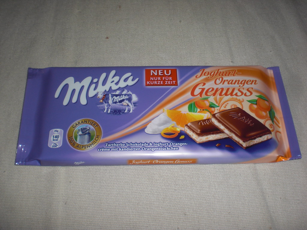 Milka Joghurt-Orangen Genuss, Dark chocolate with orange cr…