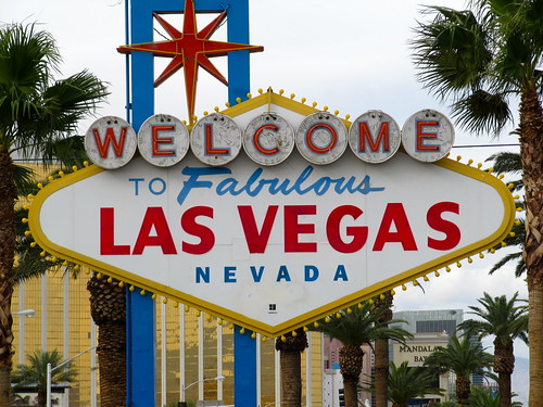 Famous "Welcome to Fabulous Las Vegas Nevada" sign in blue, red, and gold
