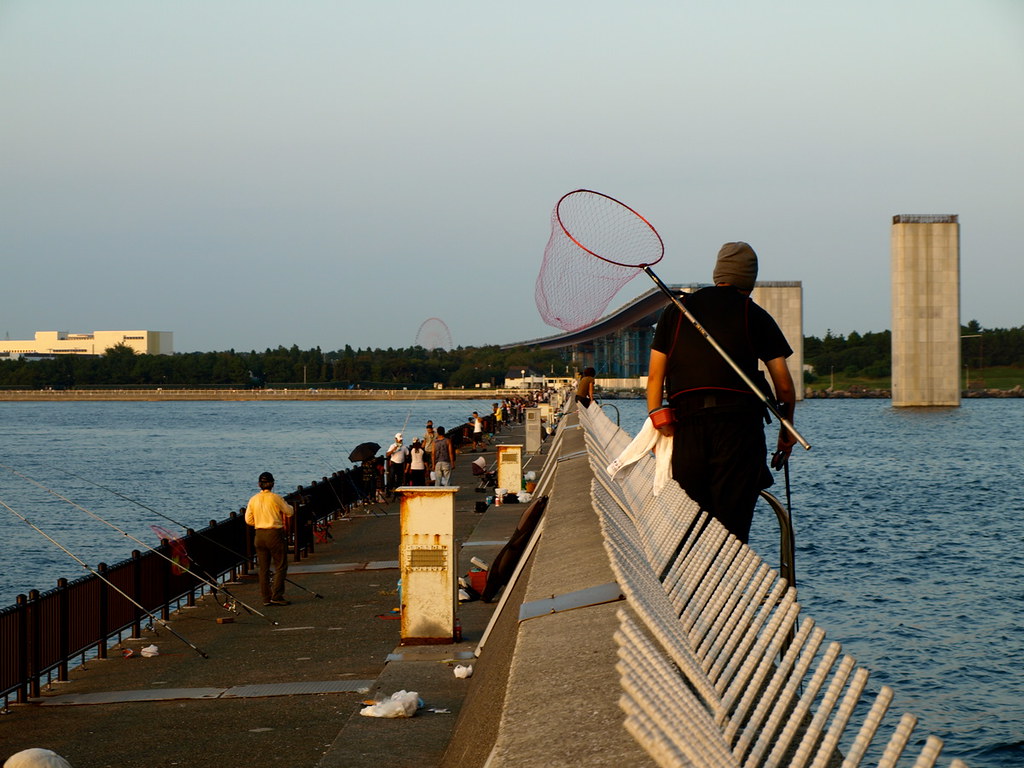若洲海浜公園の釣り人 海釣り場の先端付近にて。片面でしか釣りが出来ないようになっているが、壁に登って裏側で釣る人もい… Flickr